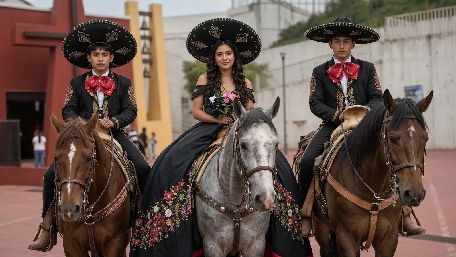 Quinceañera con vestido de gala junto a dos chambelanes charros a caballo